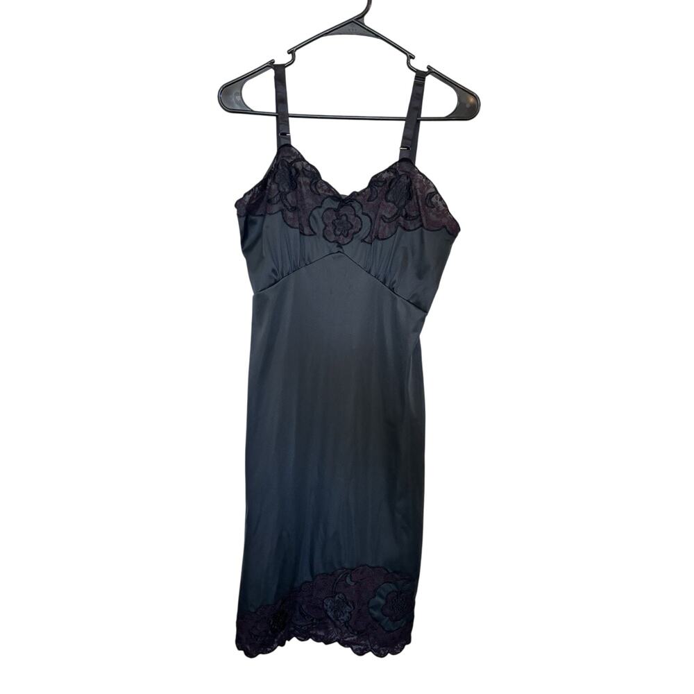 Vtg Black Nylon Floral Slip Dress Lace Size 36 Valentine's Day Fairy Grunge